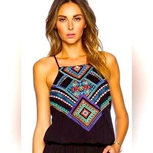 NANETTE LEPORE Sz M Carmenita Embroidered Spaghetti Straps Shelf Top Tankini